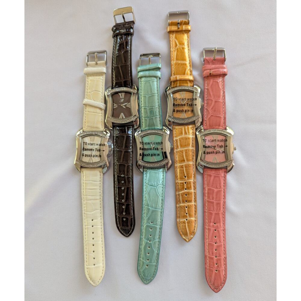 Burgi Set of 5 Watches BTVO11BR Swarovski Crystal Leather Strap Multicolor